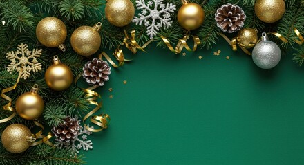 Christmas ornaments and decorations arranged in a festive border on a vibrant green background.