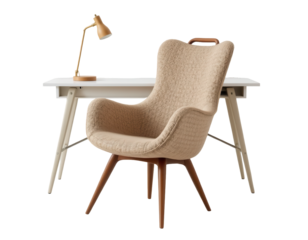 Cozy Modern Workspace with Stylish Chair and Elegant Desk Lamp