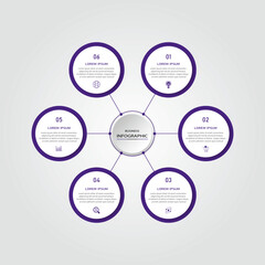 Marketing process visualization timeline diagram | Business data representation with white circle diagram dot connection with icon | 3d centre radial 6 steps violet flowchart   for business