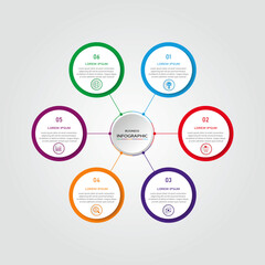 Marketing process visualization timeline diagram | Business data representation with white circle diagram dot connection with icon | 3d centre radial 6 steps colourful flowchart   for business