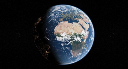 Earth from space, showing continents, oceans, and cloud cover against a dark background.