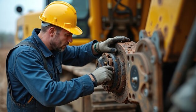 Mechanic in yellow hard hat fixes hydraulic excavator part at construction site. Skilled worker maintains heavy machinery, displays problem-solving during industrial repair. Expertise in heavy