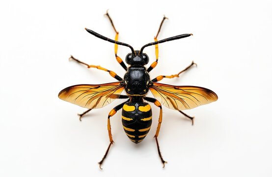 Detailed macro view of solitary mud dauber wasp, sceliphron destillatorium. Black, yellow insect features translucent wings, segmented body, isolated on clean white background. Predator known for
