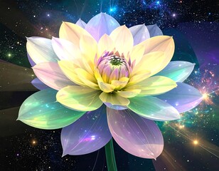A vibrant, luminous lotus flower in a cosmic backdrop
