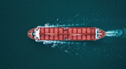 Aerial view of a large cargo ship sailing on the deep blue ocean, leaving a trail of white wake behind.