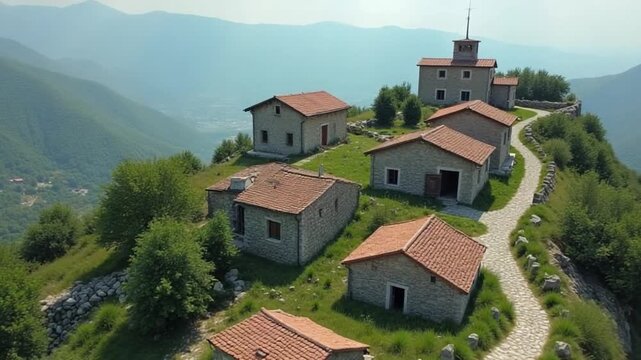 Abandoned Greek village Kayakoy on green Turkish hillside