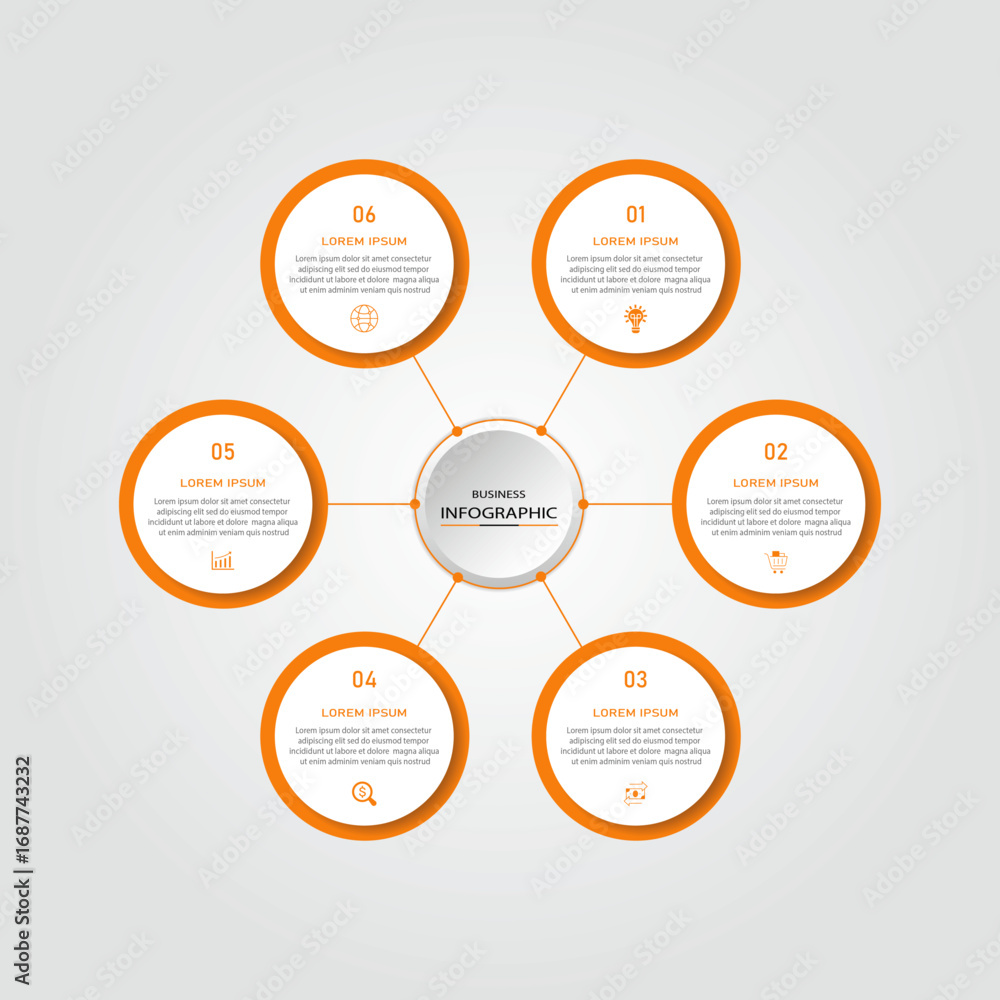 Aufkleber business data visualization with timeline template vector - 6 steps orange circular vector with spac