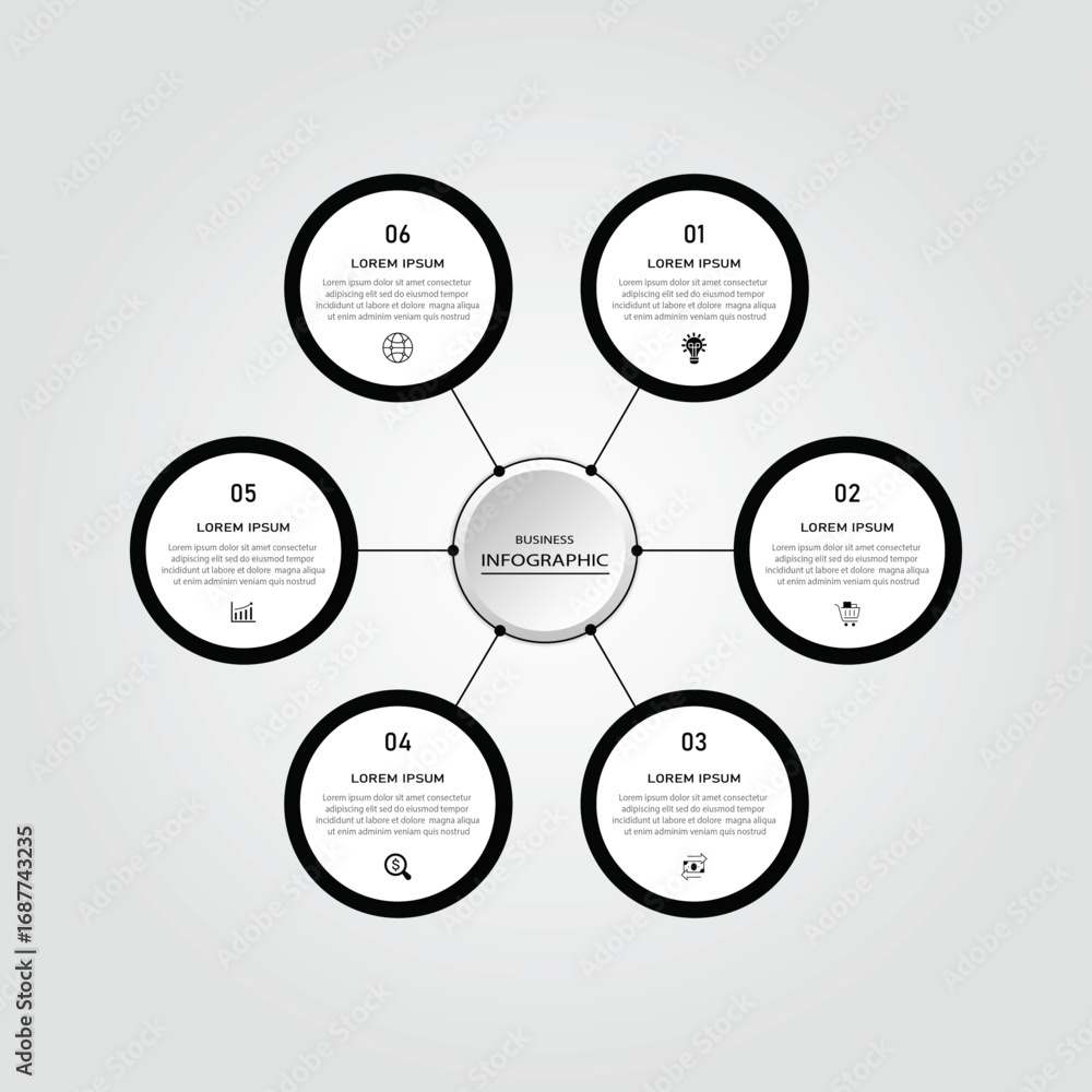 Aufkleber business data visualization with timeline template vector - 6 steps black circular vector with space