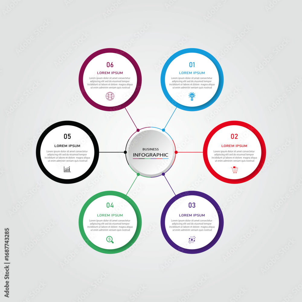 Aufkleber business data visualization with timeline template vector - 6 steps colorful circular vector with sp