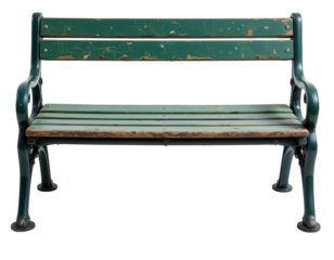 Weathered Green Bench in Urban Park Setting with Rustic Charm