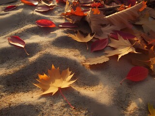 Sand Texture with Fallen Leaves on the Surface, Natural Granular Background with Fine Grains, Dry Desert Pattern, Organic Earth Tones, Summer Beach Landscape Detail, Wind-Blown Dunes and Golden Light