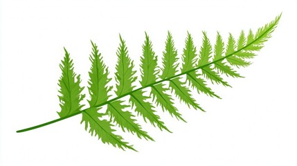 A vibrant green fern leaf with delicate foliage is isolated on a white background, representing a natural forest plant or decorative evergreen branch suitable for summer and holiday season themes