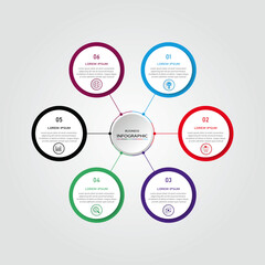 Business data visualization with timeline template vector and icon- 6 steps red circular vector with space for text also for business process, business diagram, digital marketing, and tech layout 