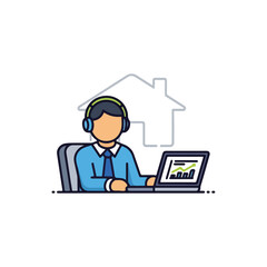 Man working at home depicted in simple illustration style on white background. Working at home scene includes headset, laptop, and business analytics chart.