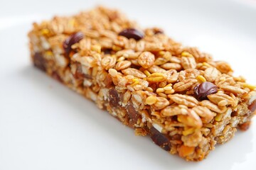 Close-up of a Healthy Oatmeal and Chocolate Chip Energy Bar on White Background