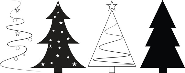  Christmas tree icons set  black and white silhouette and outline style with festive decorations isolated on white background