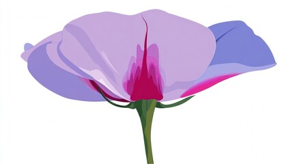 Close-up illustration of a single light purple flower with a vibrant pink center and green stem on a white background.