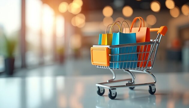 Miniature shopping cart filled with colorful paper bags signifies e-commerce growth and retail strategy. Digital marketing concept focusing on consumer engagement, online sales, and product promotion.