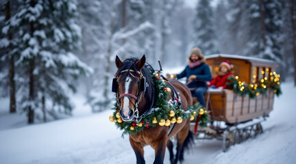 Close-up portrait of horse in red festive harness standing in snowy forest, Christmas and New Year holiday background