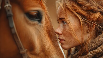Young woman connects with horse in a serene environment during sunset at a stable