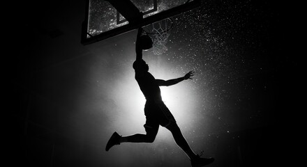 Silhouette of a basketball player in mid-air, dunking the ball against a dark background.
