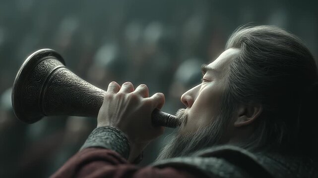 Ancient General Blowing Horn to Boost Morale