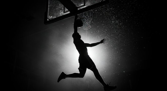 Silhouette of a basketball player in mid-air, dunking the ball against a dark background.