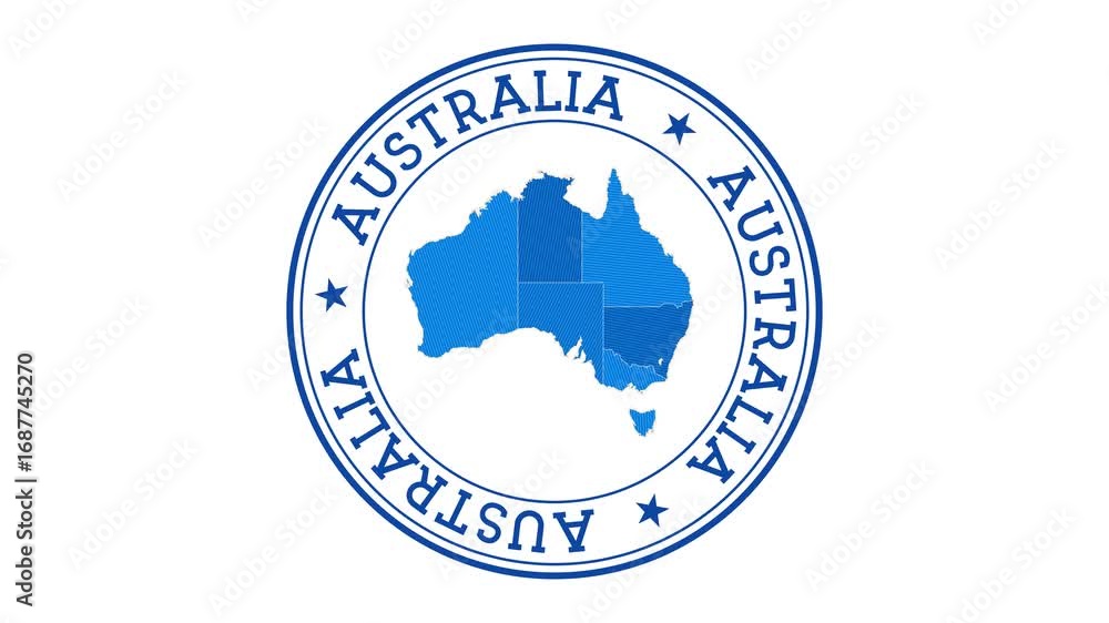 Poster australia intro. badge with the circular name and map of country. australia round logo animation.