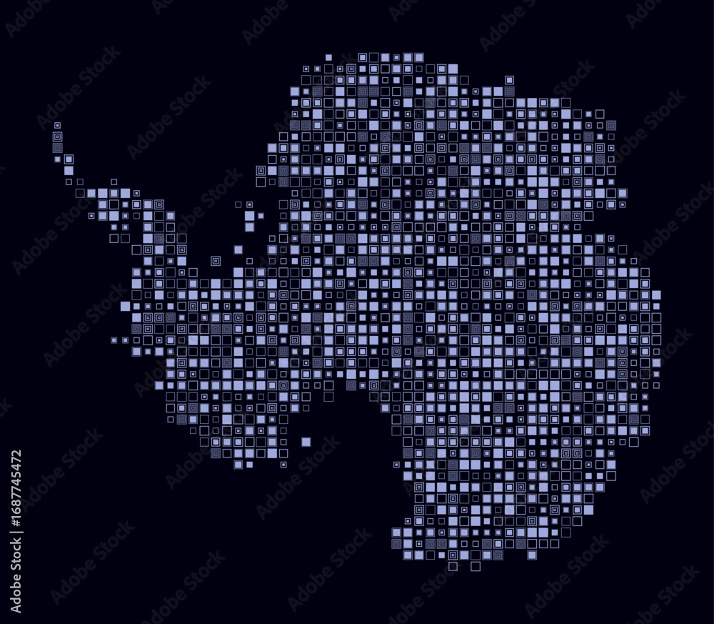 Poster antarctica, shape of the country build of colored cells. digital style map of the antarctica on dark