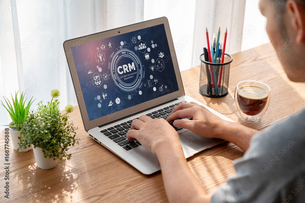 Poster customer relationship management system on modish computer for crm business and enterprise