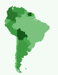 Map of South America with countries. Just a simple continent border map with country division. Green color palette. Flat South America shape with administrative division. Vector illustration.