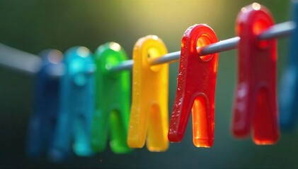 Close-up of a colorful plastic washing peg, wet and glistening after use, clinging to a taut clothesline The vibrant color contrasts with the muted background , shiny, wet peg, colorful peg