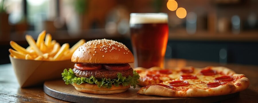 Juicy burger, crispy fries, pepperoni pizza slices, glass of dark beer served on rustic wooden table. Perfect for fast food, casual dining, pub atmosphere, late-night cravings. Delicious meal