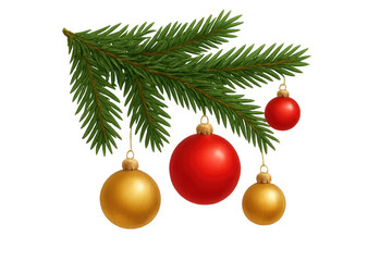 Fir branch with hanging christmas ornaments on transparent background