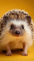 Fototapeta premium Hedgehog poses on a bright yellow background, showcasing its unique features and playful demeanor in early morning light
