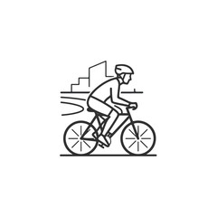 Fototapeta premium Urban cycling line art showing cyclist silhouette with modern buildings in background. Cyclist shows concept urban cycling, pedaling through cityscape in minimal design.