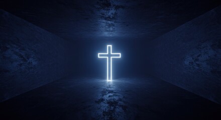 Naklejka premium A glowing neon cross stands centered in a dark, geometric space with textured walls.