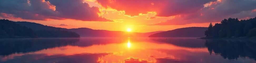 Fototapeta premium A vibrant sunrise over a tranquil lake, reflecting the new day's promise Perfect for themes of renewal, beginnings, and fresh starts Ideal for websites, blogs, and social media , scenic, peace