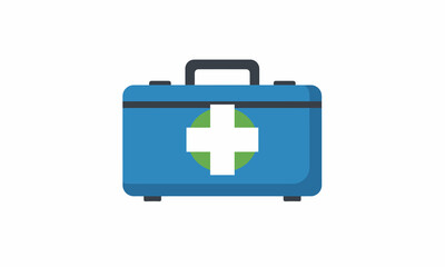 Blue medical first aid kit box with a white cross symbol on a green circle emblem.