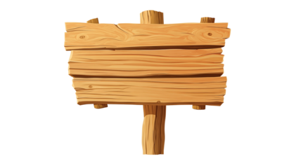 A cartoonstyle wooden signboard made of several horizontal planks slightly uneven edges natural wood grain texture light brown color mounted on a vertical woo
