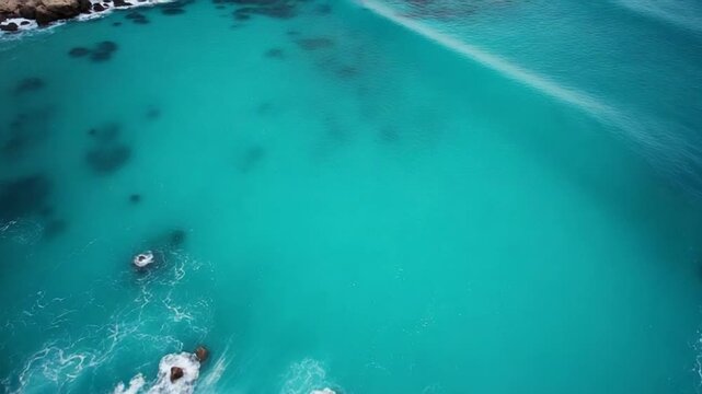 Aerial footage of turquoise ocean waters washing rugged, rocky shoreline