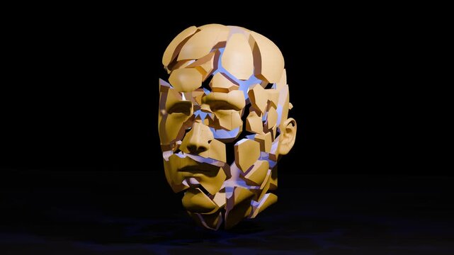 Fragmented head face turns and breaks down on the ground