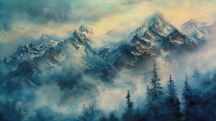Misty mountain range with snowcapped peaks and evergreen trees in foreground