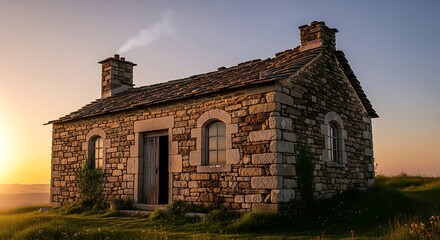 Fototapeta premium Old stone cottage with smoke coming from chimney at sunset