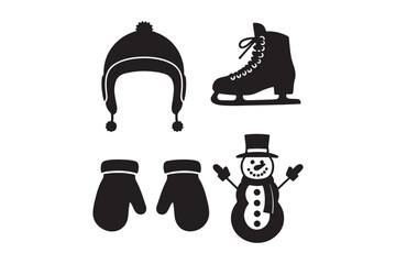 Winter clothing and snowman silhouette icons