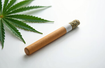 Cannabis blunt rests on white surface near green marijuana leaves. Natural theme evokes relaxation, wellness. High quality organic herb for medicinal recreational use. Pure plant for enjoyment, chill