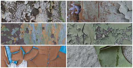 Set of peeling paint textures. Old concrete walls with cracked flaking paint. Weathered rough...