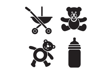 Collection of baby icons including stroller teddy bear and bottle