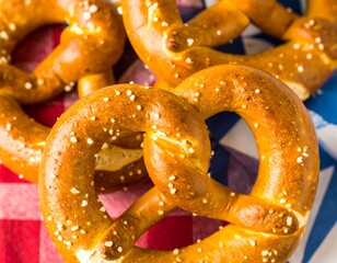 Close-up of several pretzels on a checkered cloth