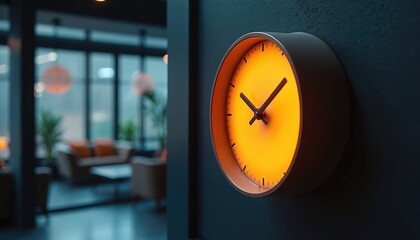 Modern illuminated wall clock in contemporary office. Its warm orange glow highlights time management concept with precision and efficiency. Minimalist design promotes productivity and organization.
